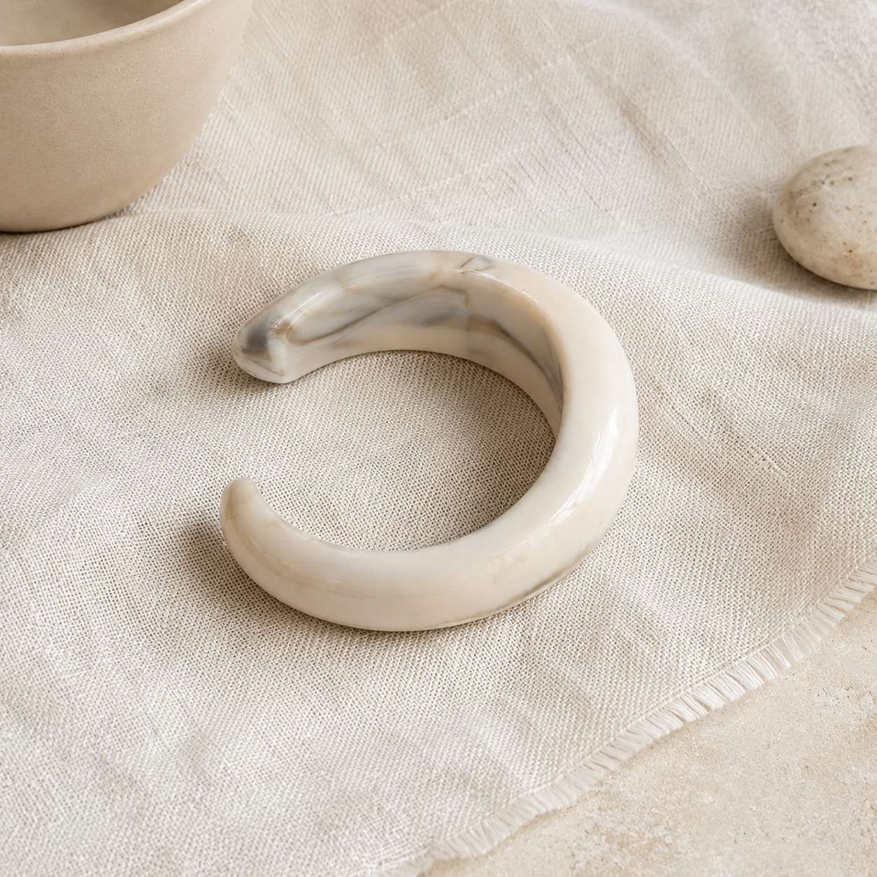 Cream Marbled Open Resin Cuff Bracelet for Women