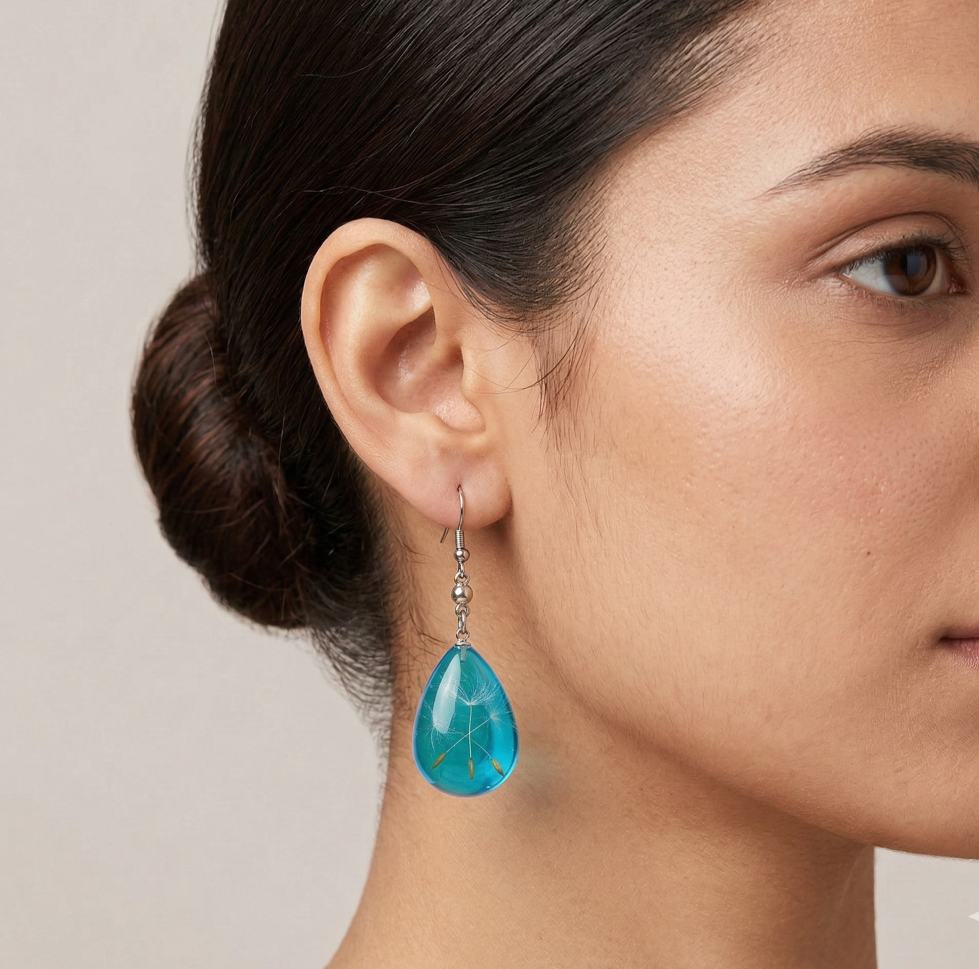 Sky Blue Dandelion Resin Teardrop Earrings Stainless Steel Hooks