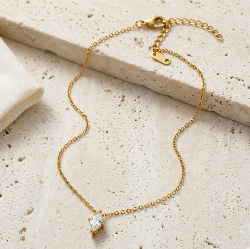 18K Gold Marquise Solitaire Necklace for Women – Dainty Pendant Chain