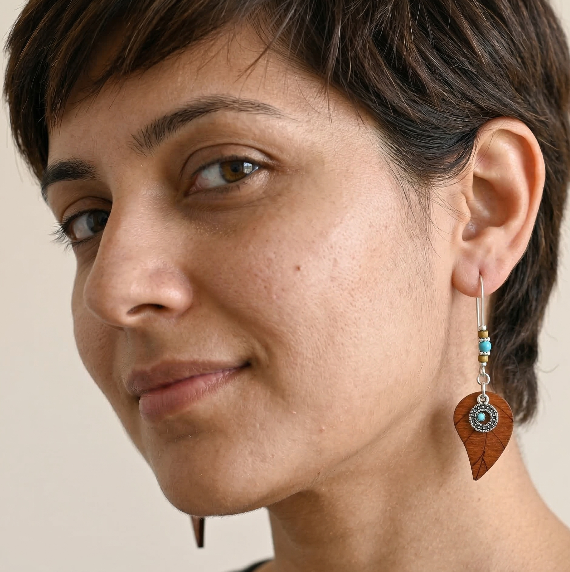 Bohemian Wooden Leaf Drop Earrings Silver Tone