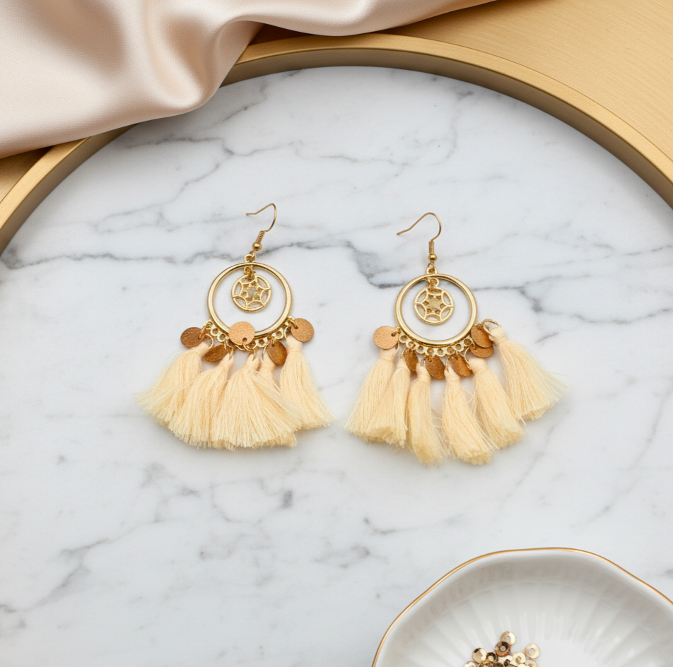 Bohemian Tassel Circle Drop Earrings Gold Tone Alloy