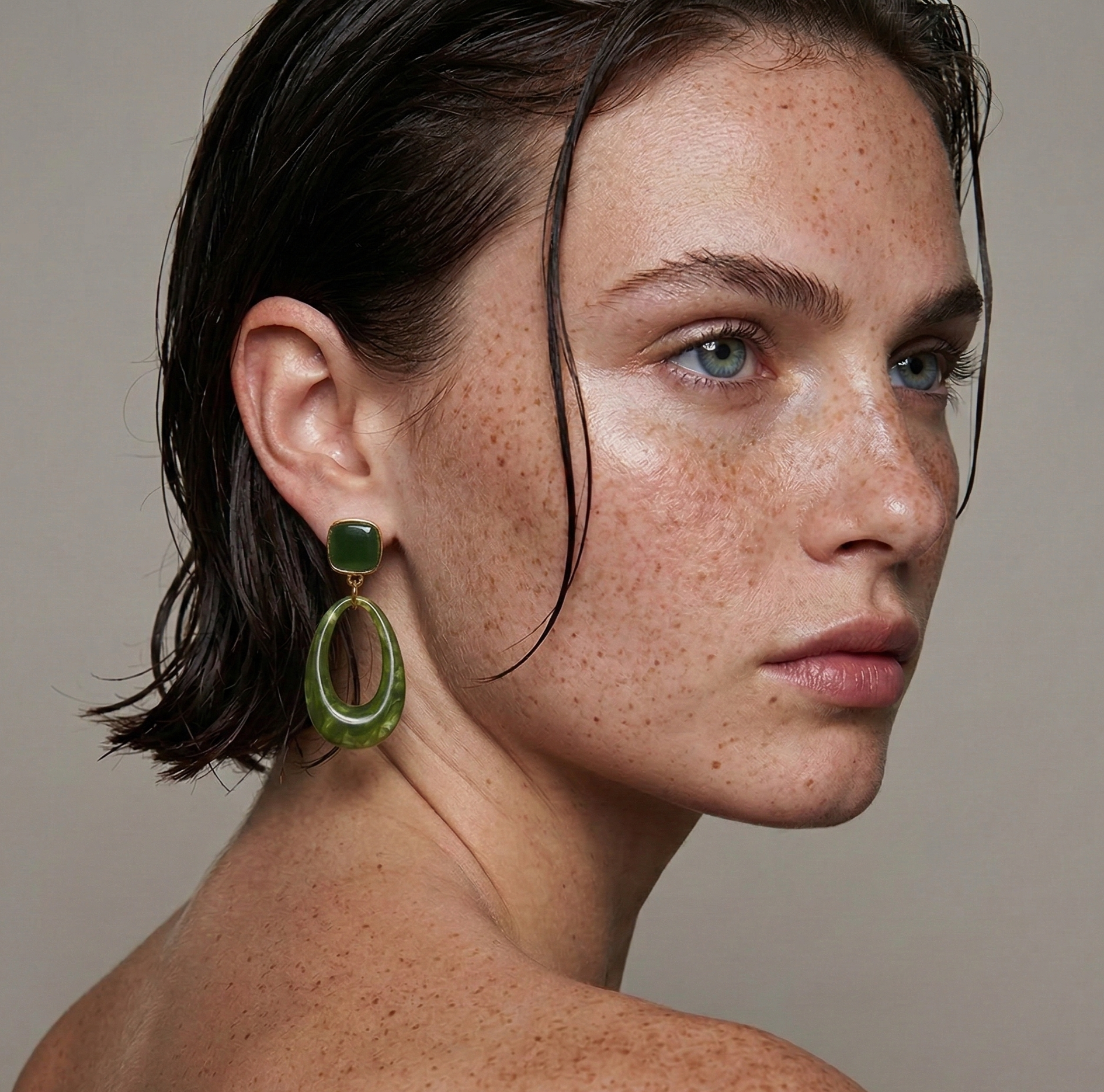 Olive Green Resin Open Teardrop Drop Earrings Gold Tone Detail