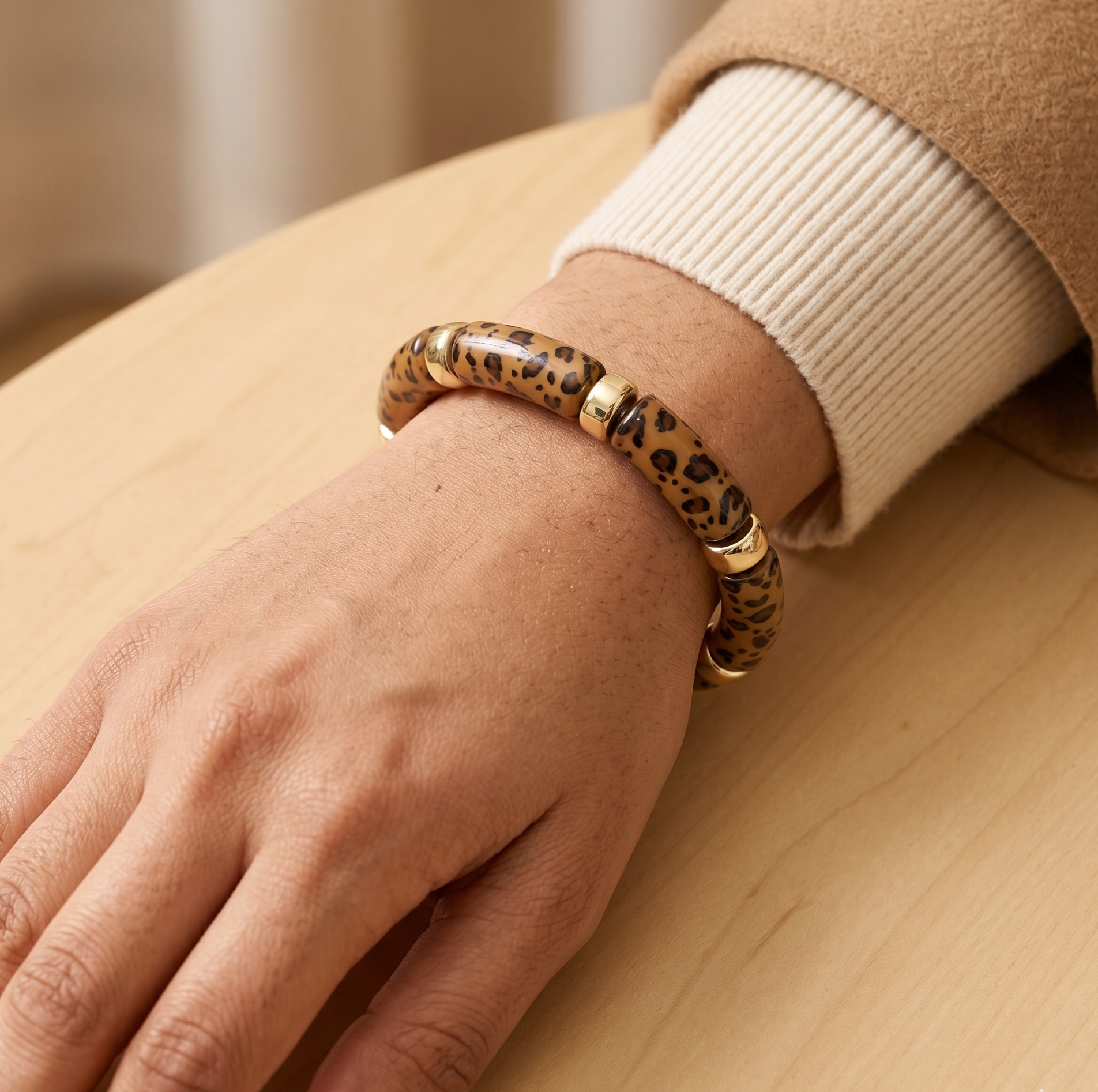 Leopard Print Acrylic Beaded Stretch Bracelet with Gold Accents