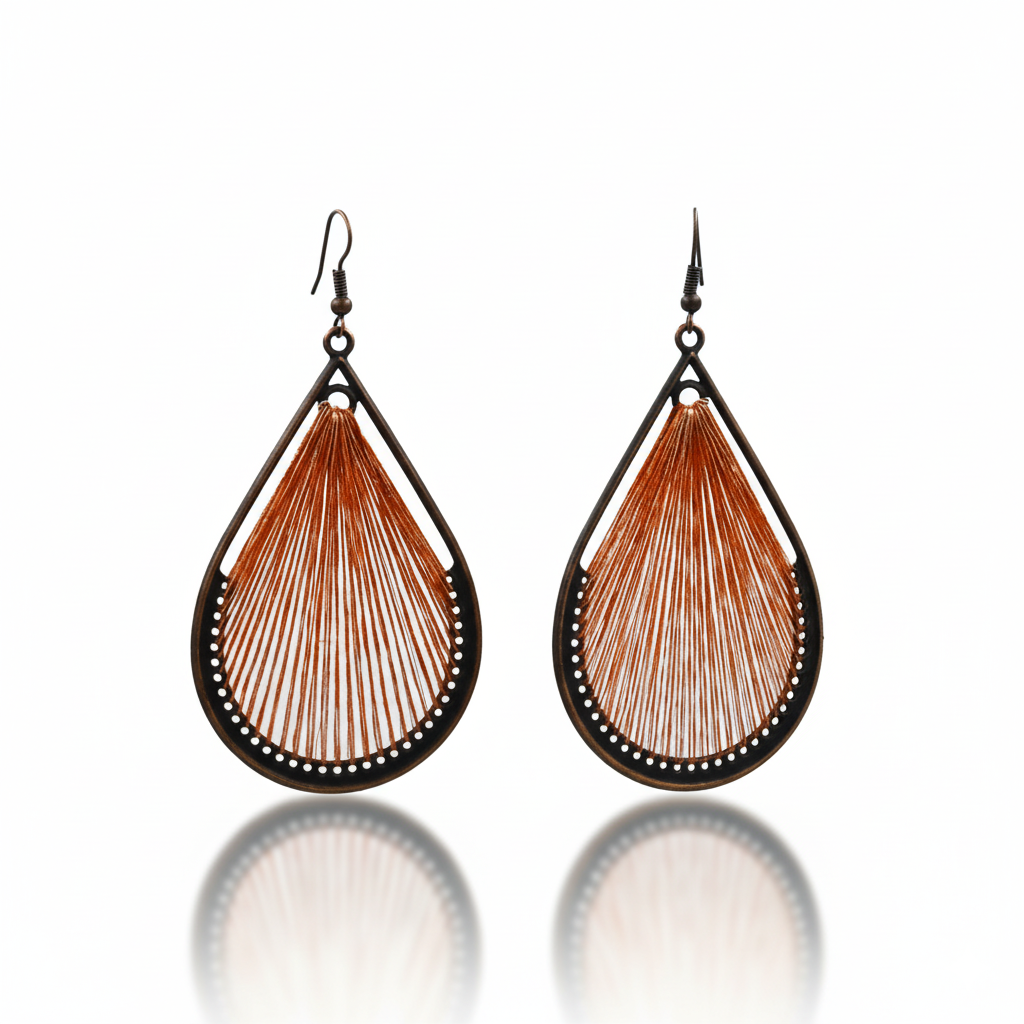 Bohemian Orange Thread Teardrop Earrings