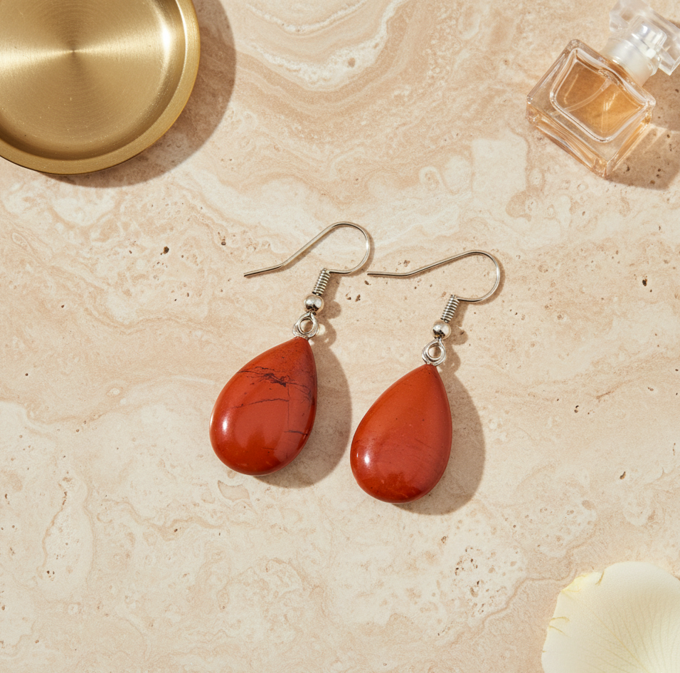 Red Jasper Teardrop Dangle Earrings Silver Tone Hook