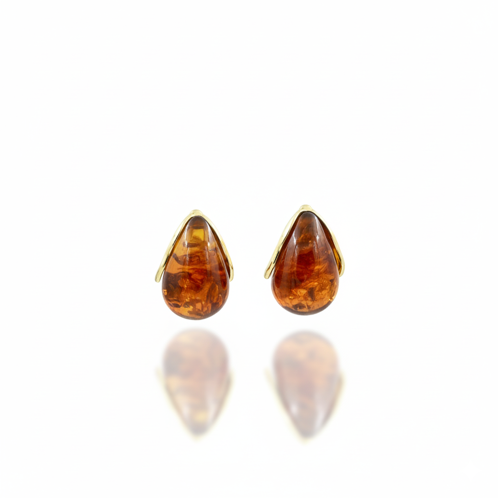 Amber Teardrop Resin Stud Earrings for Women with Gold Tone Detail