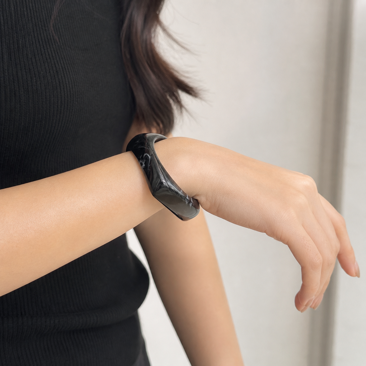 Black Marble Resin Square Bangle Bracelet for Women