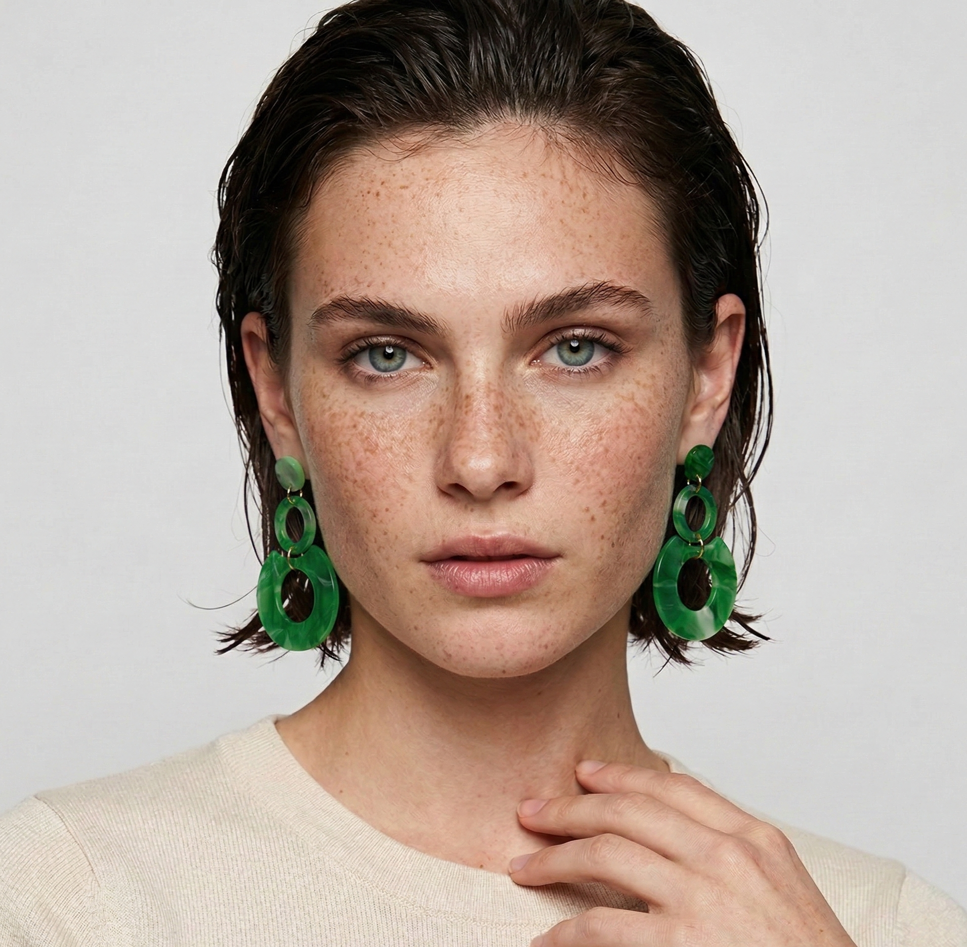 Green Abstract Resin Circle Drop Earrings Gold Tone Studs