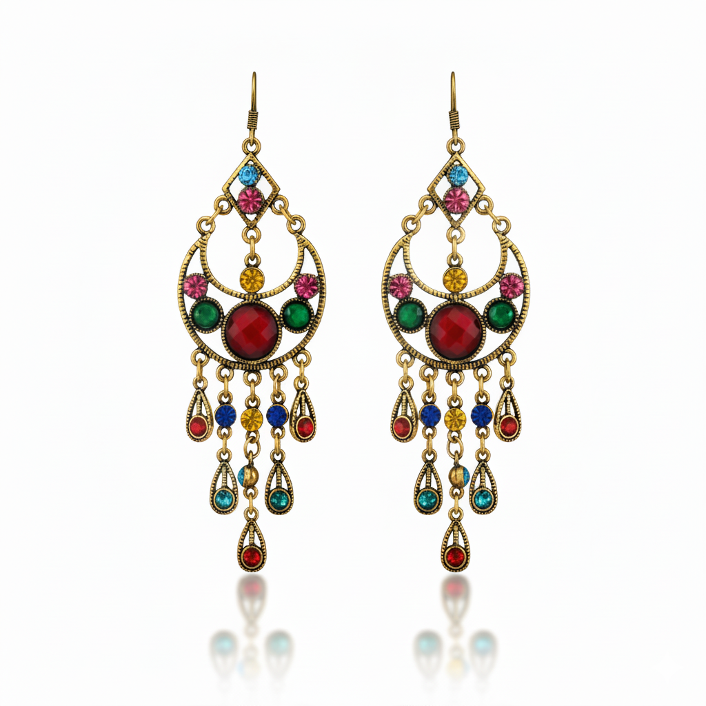 Bohemian Multicolor Stone Tassel Earrings Gold Tone Alloy
