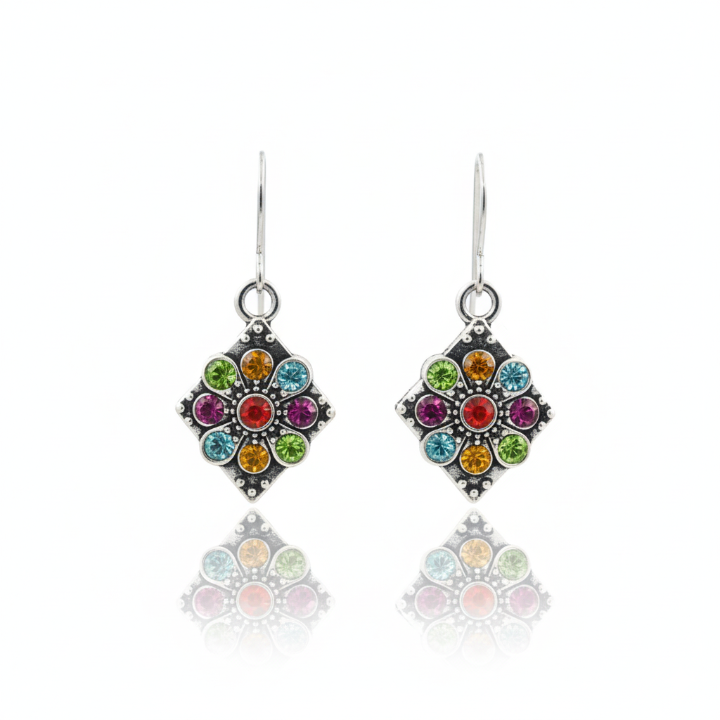 Vintage Multicolor Crystal Drop Earrings Silver Tone Alloy