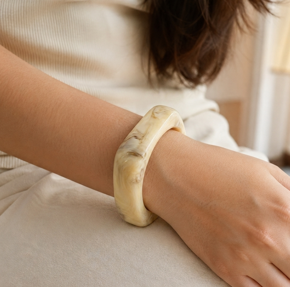 Beige Marbled Chunky Resin Bangle Bracelet for Women