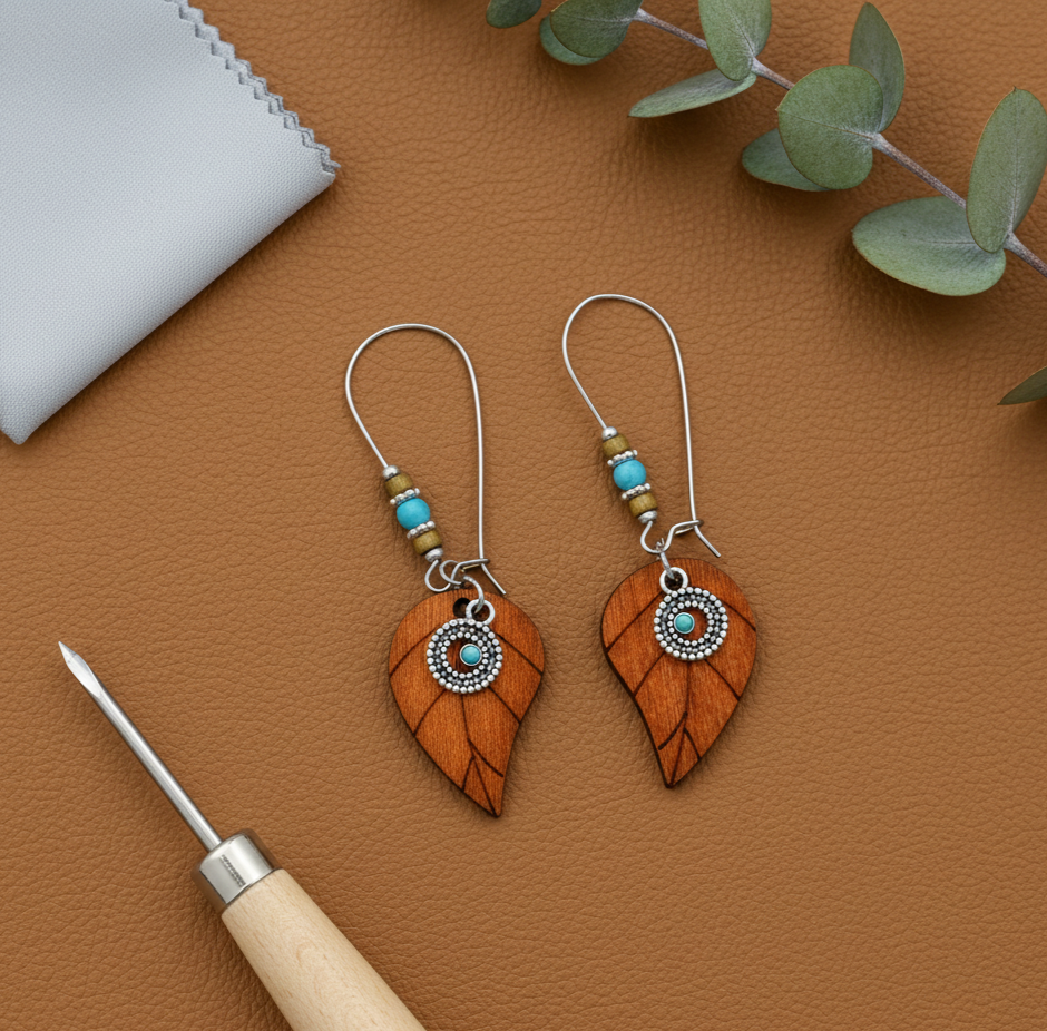 Bohemian Wooden Leaf Drop Earrings Silver Tone