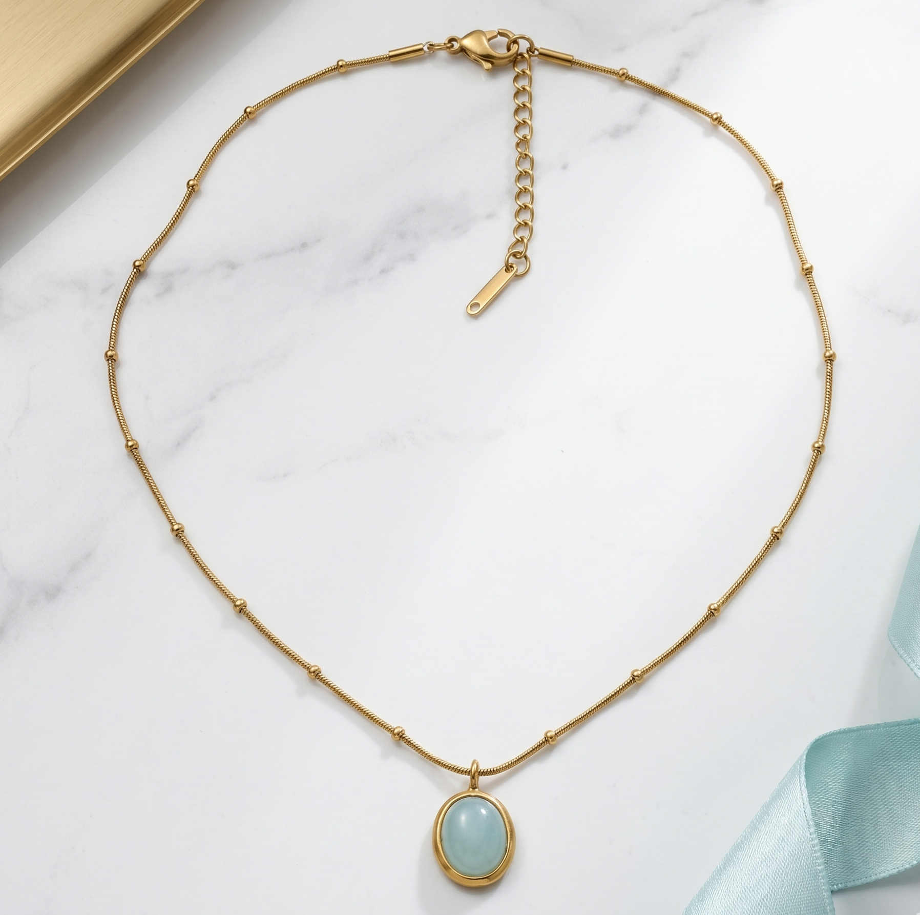 Blue Cat Eye Oval Pendant Necklace in 18K Gold Plated Stainless Steel