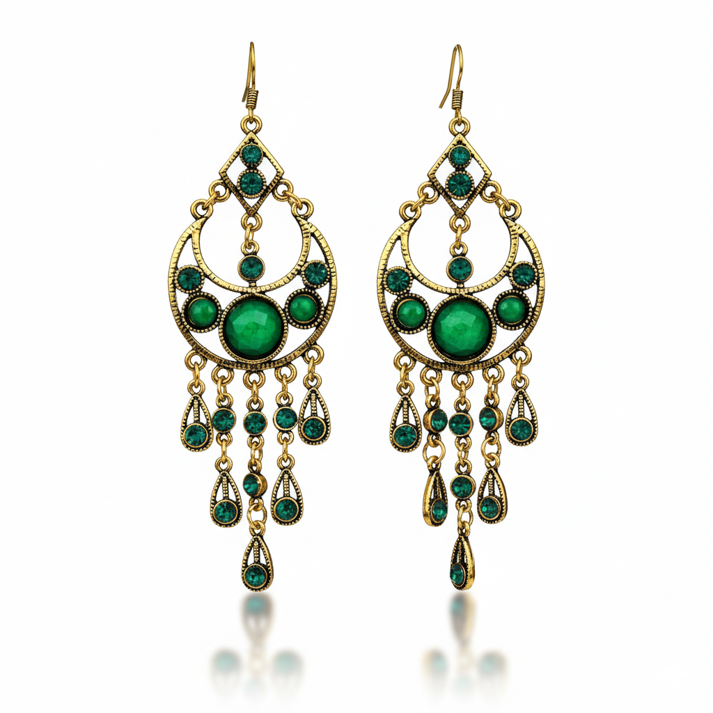 Bohemian Green Stone Tassel Earrings Gold Tone Alloy