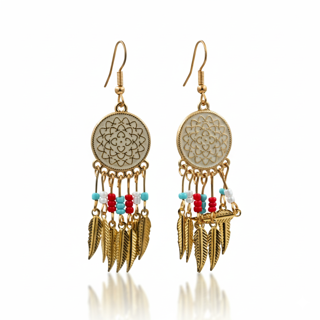 Bohemian Leaf Tassel Earrings Gold Plated Beaded Drop Earrings for Women