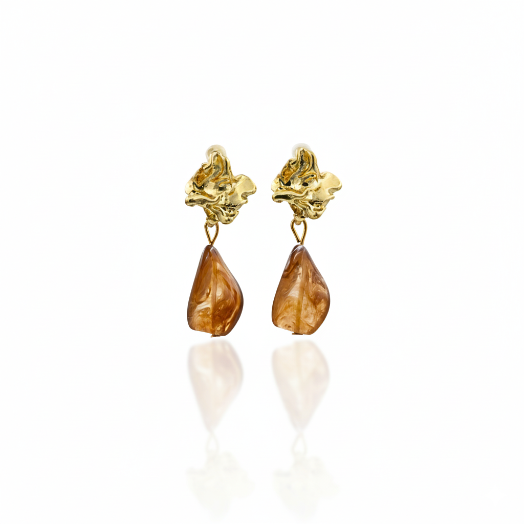 Amber Resin Drop Earrings Gold Tone Flower Studs