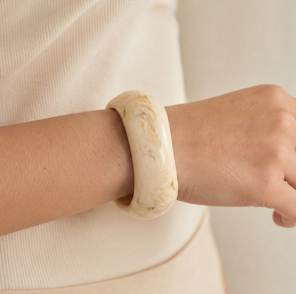 Cream Marbled Chunky Resin Bangle Bracelet for Women