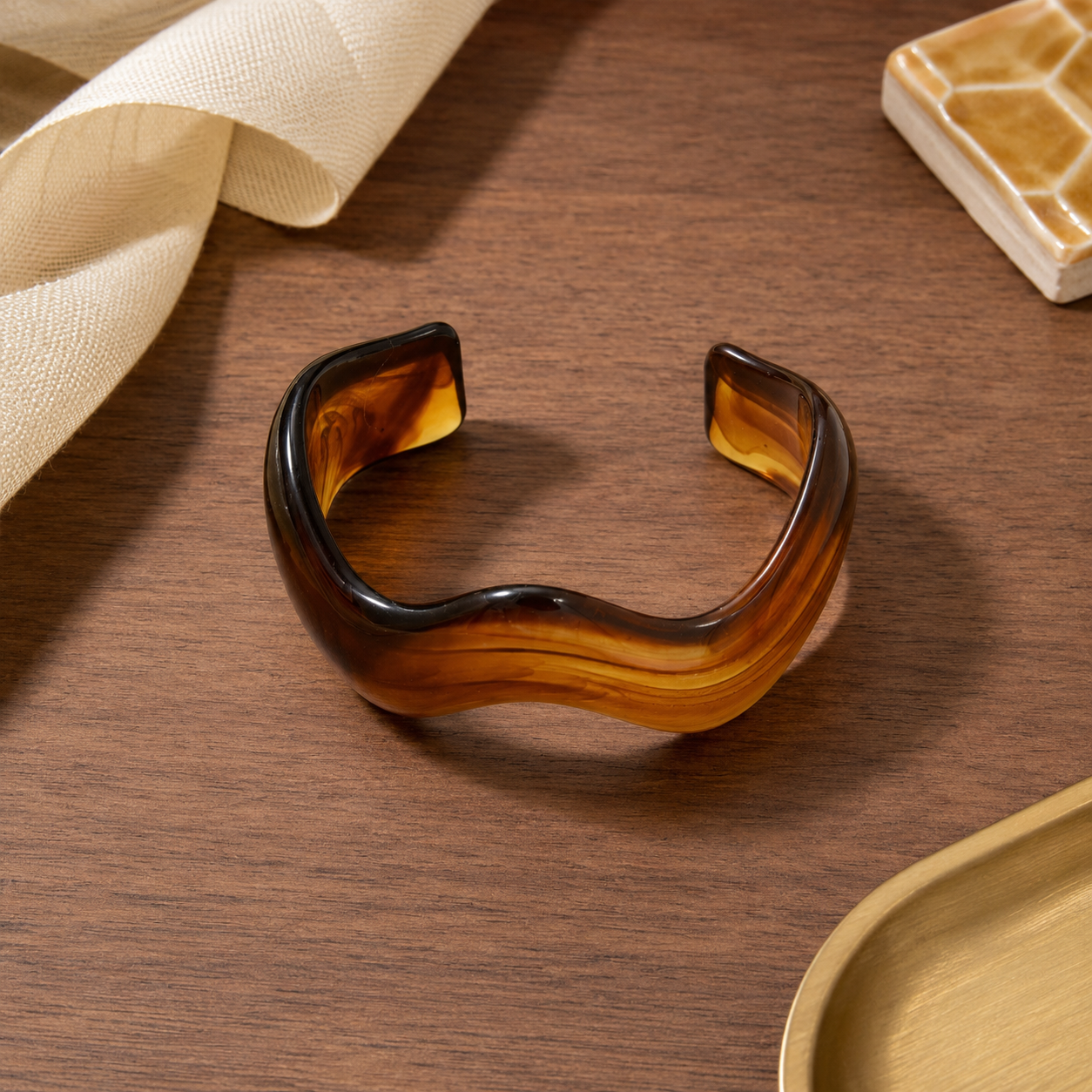 Brown Marble Wave Resin Open Cuff Bracelet for Women