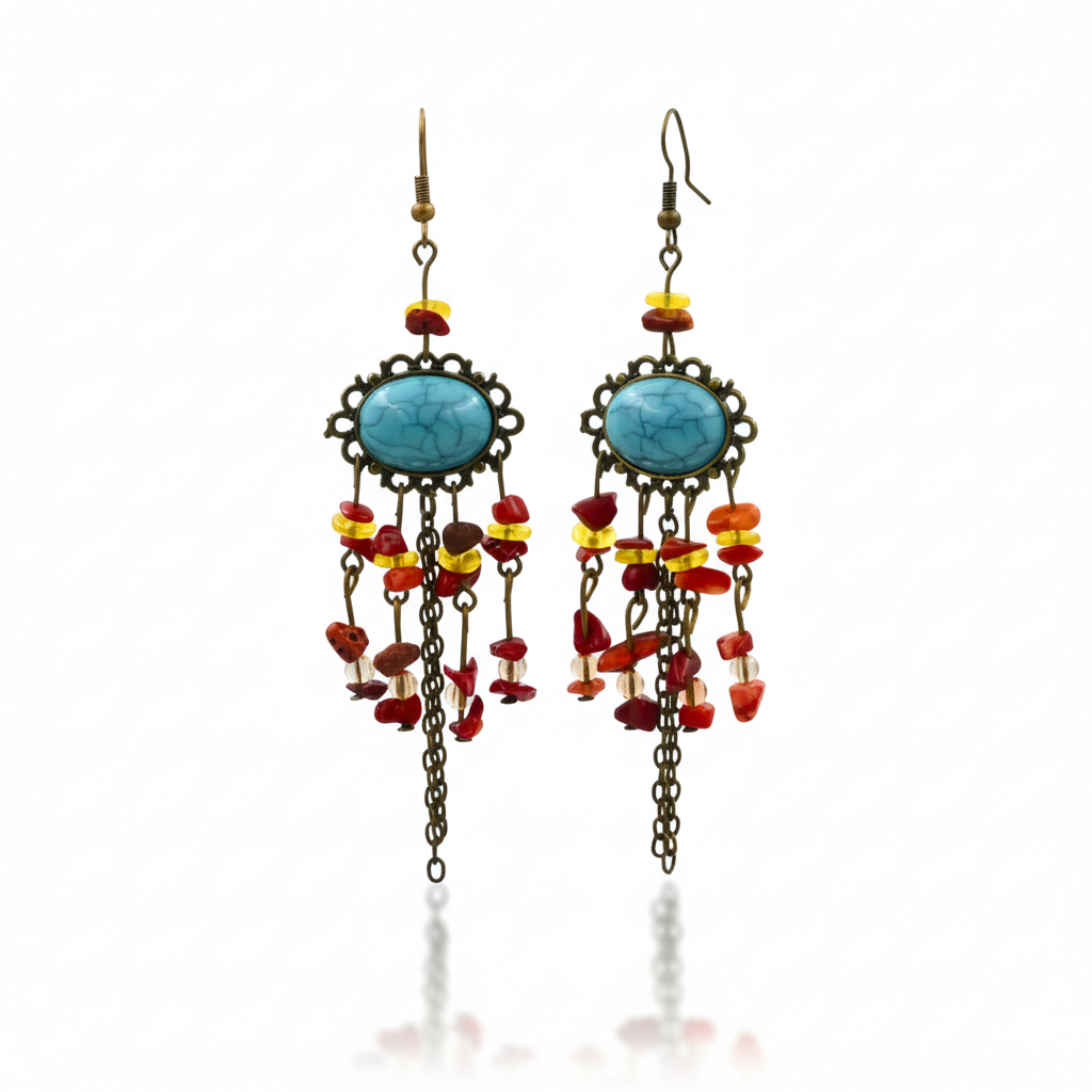 Vintage Turquoise and Red Tassel Drop Earrings