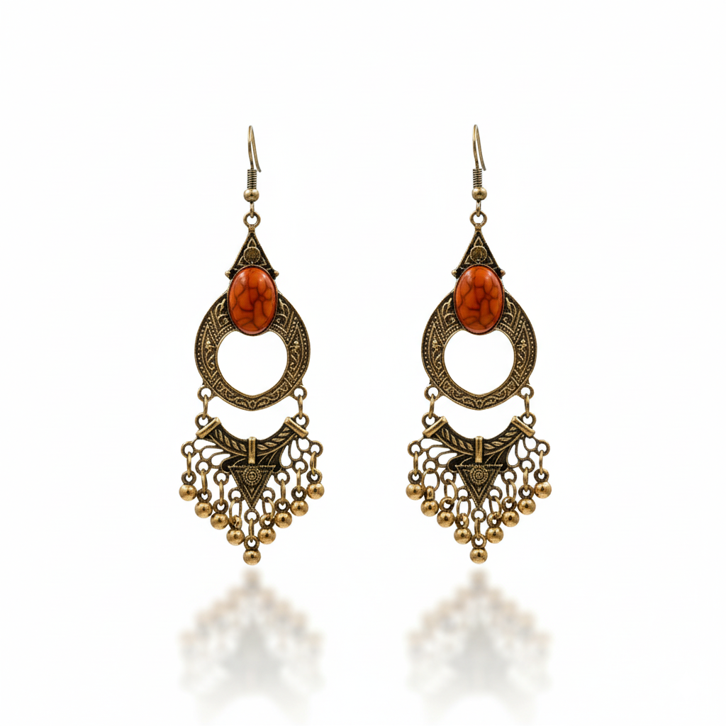 Vintage Bohemian Orange Stone Earrings Gold Tone Ethnic Drop Earrings