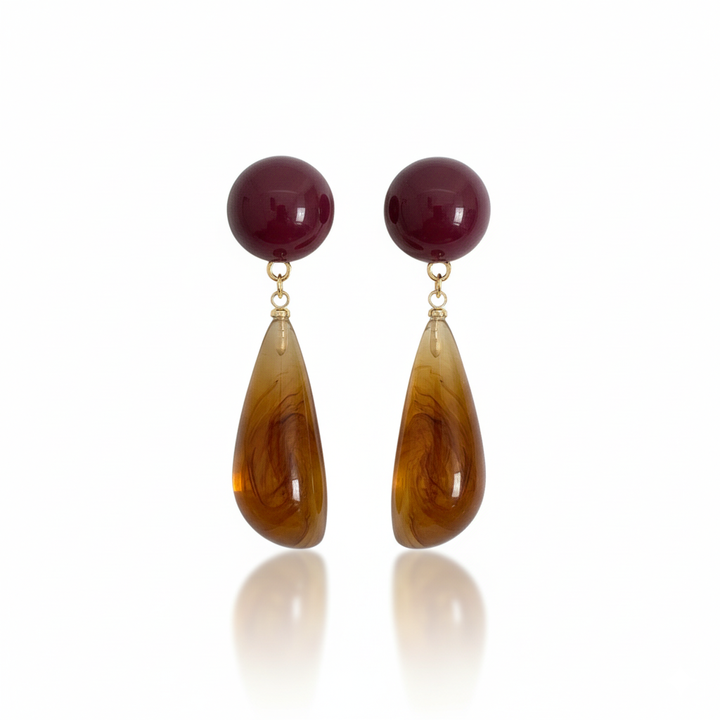 Amber Resin Teardrop Drop Earrings for Women in Wine Red and Gold Tone