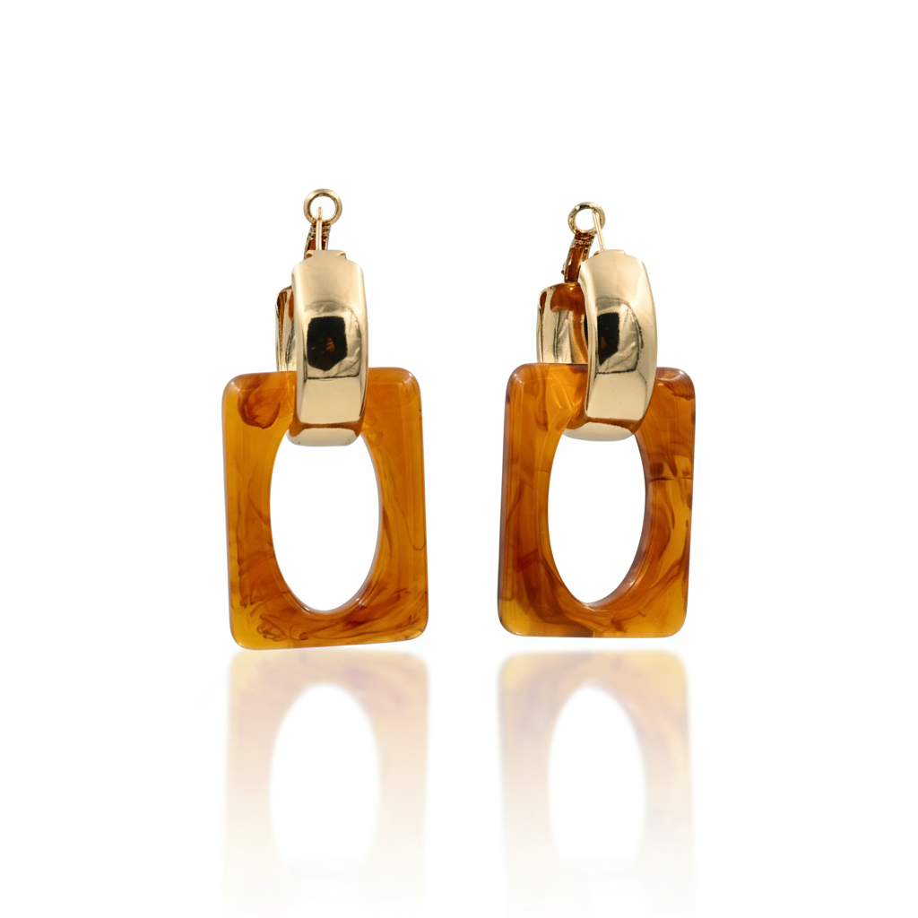 Amber Marbled Resin Rectangle Drop Earrings Gold Tone S925 Silver Pin