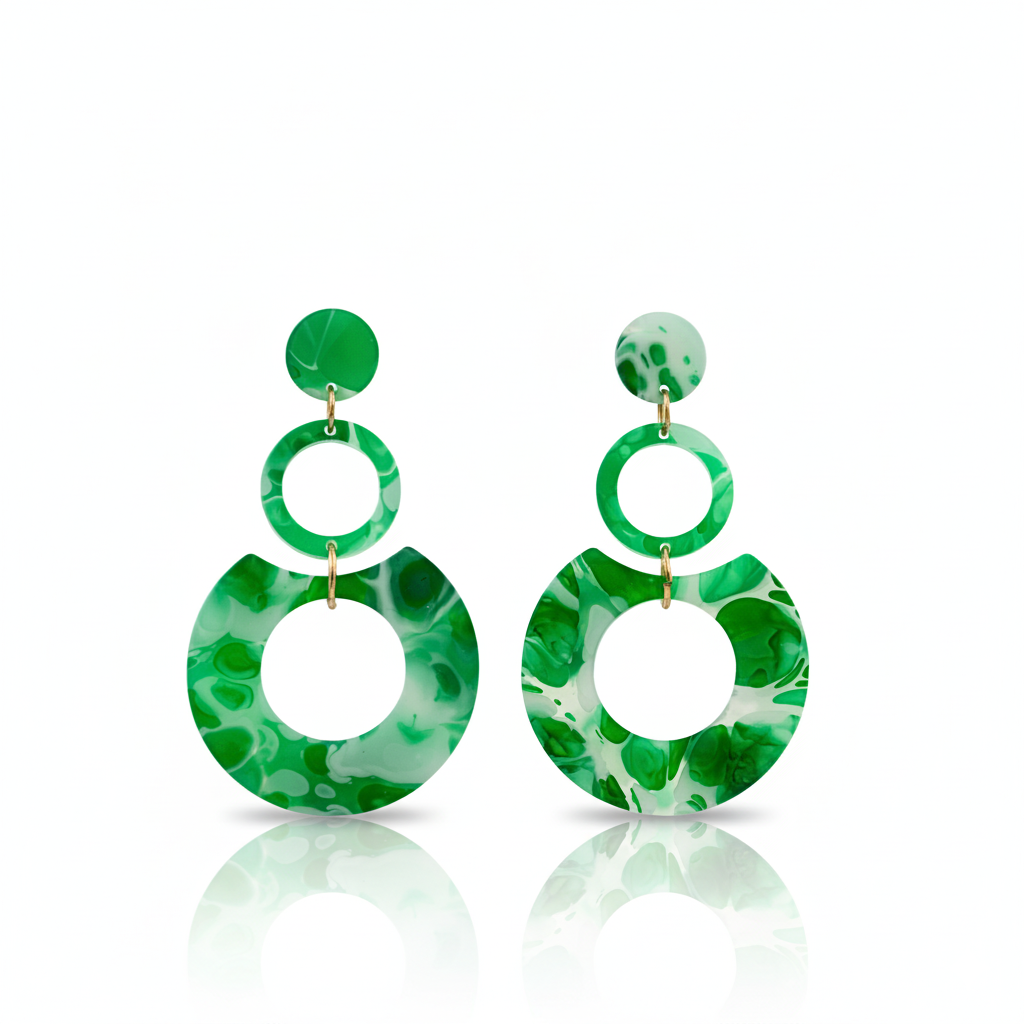 Green Marble Resin Circle Drop Earrings Gold Tone Studs