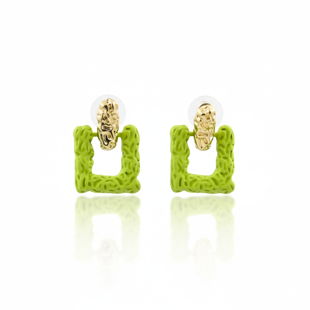 Lime Green Textured Square Drop Earrings Gold Plated Studs