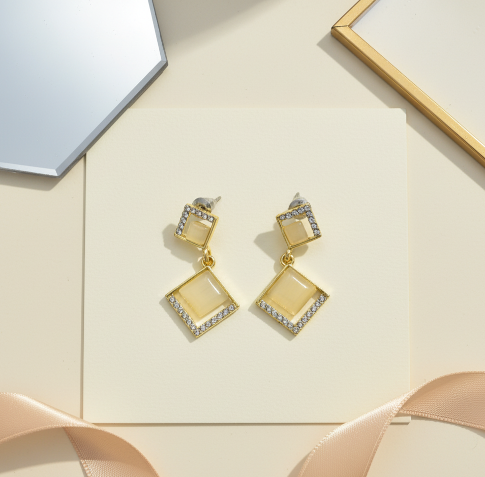 White Opal Crystal Dangle Earrings Gold Tone Alloy for Women