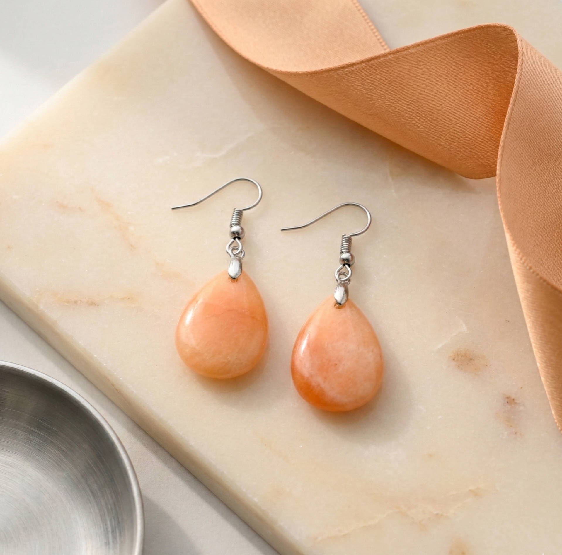 Peach Aventurine Drop Earrings Silver Tone Hook