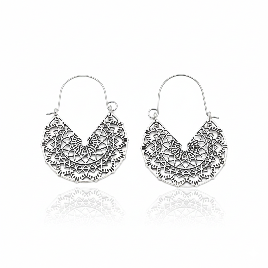 Bohemian Filigree U Shape Hoop Earrings Silver Tone Alloy