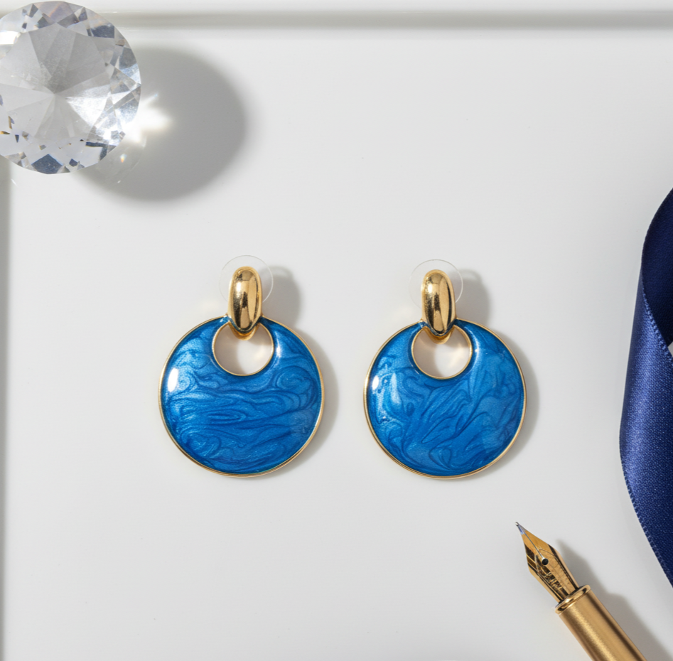 Blue Marbled Disc Drop Earrings Gold Tone Studs