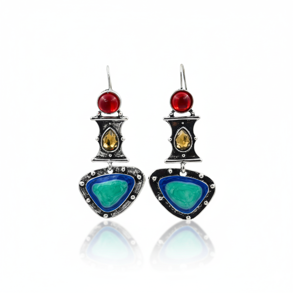 Blue Turquoise Drop Earrings Silver Tone