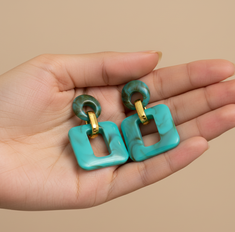 Turquoise Acrylic Geometric Dangle Earrings Gold Tone Studs