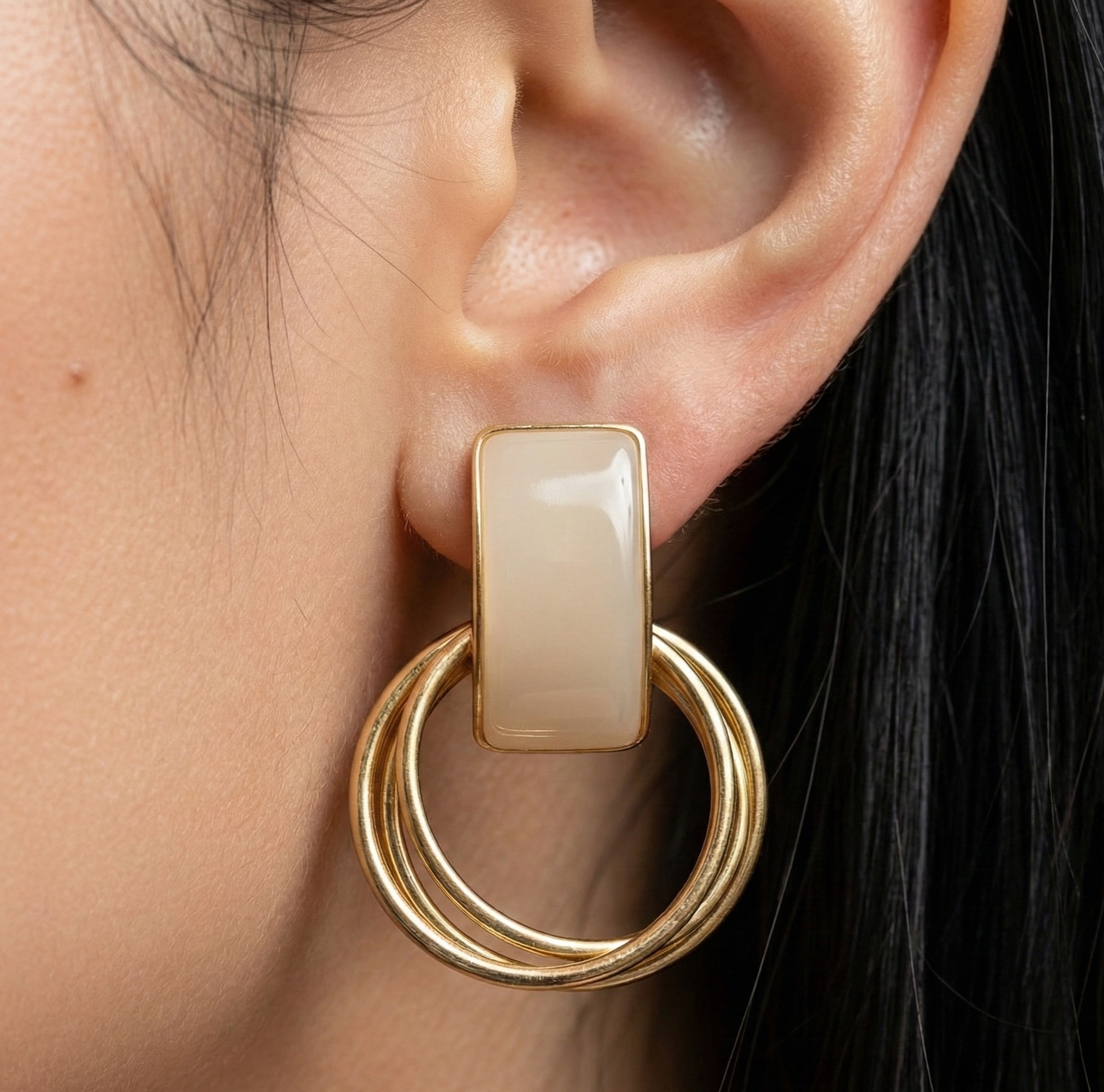 Cat's Eye Geometric Drop Earrings Gold Tone Circle Earrings