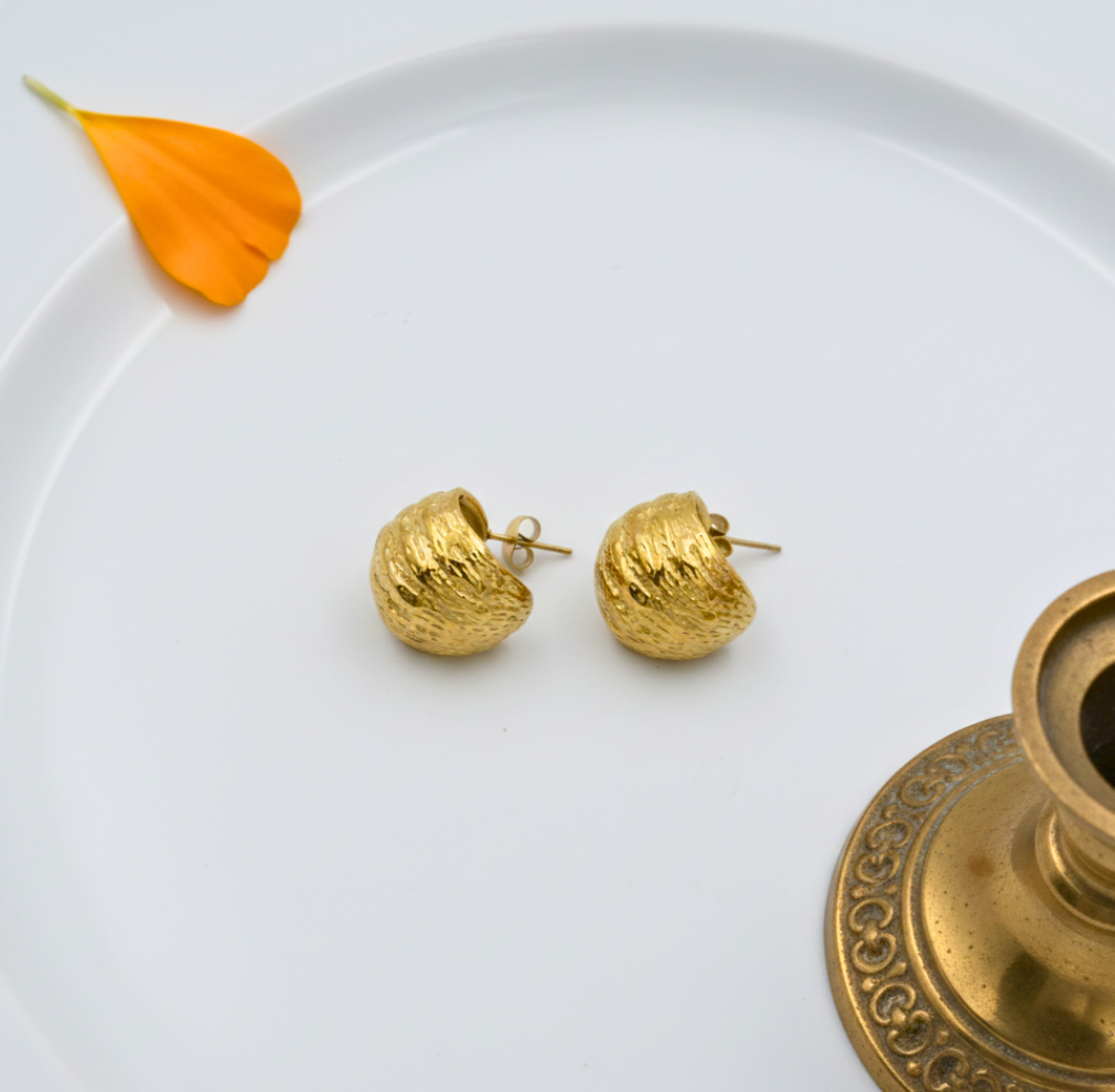 Textured C Shape Stud Earrings in 316L Stainless Steel with Gold PVD IP Plating