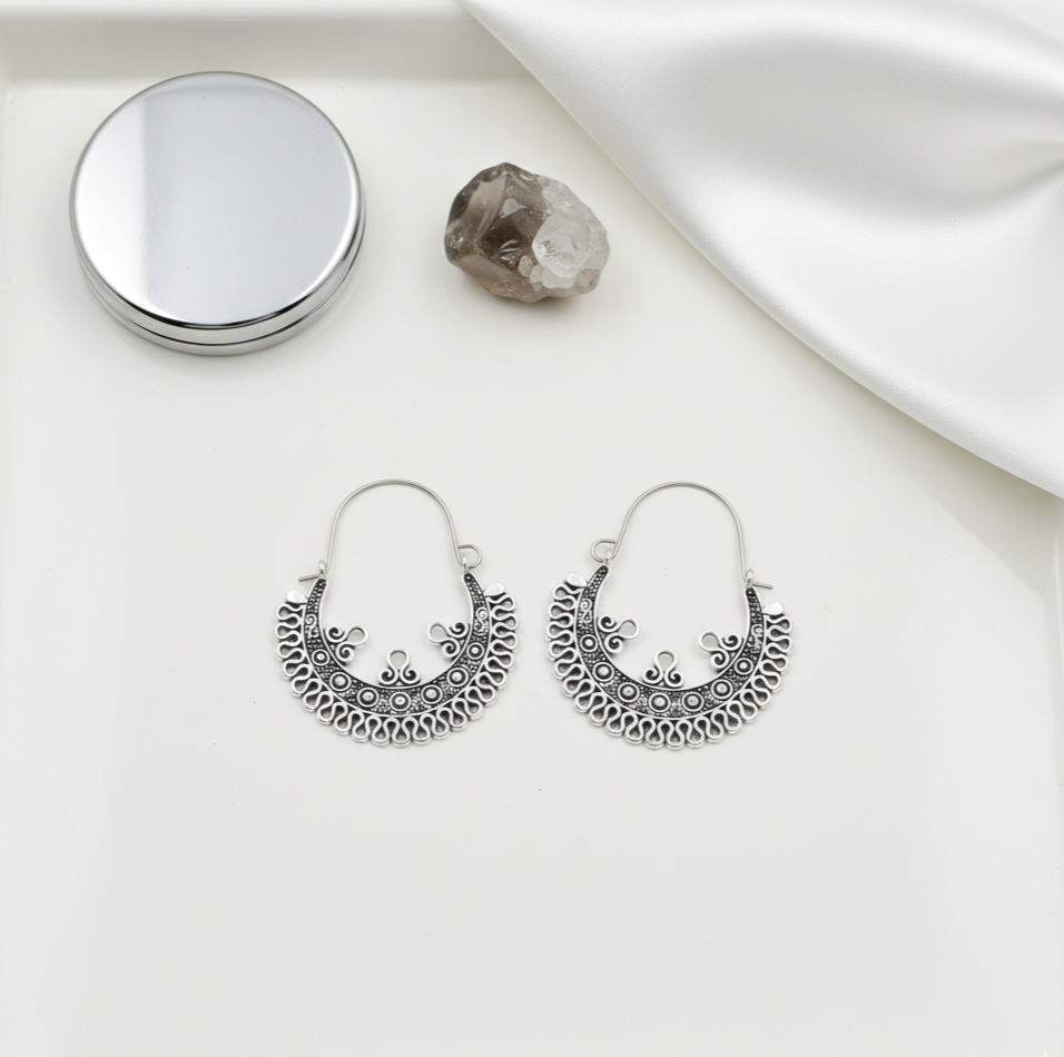 Antique Silver Carved Hoop Earrings Boho Ethnic Style