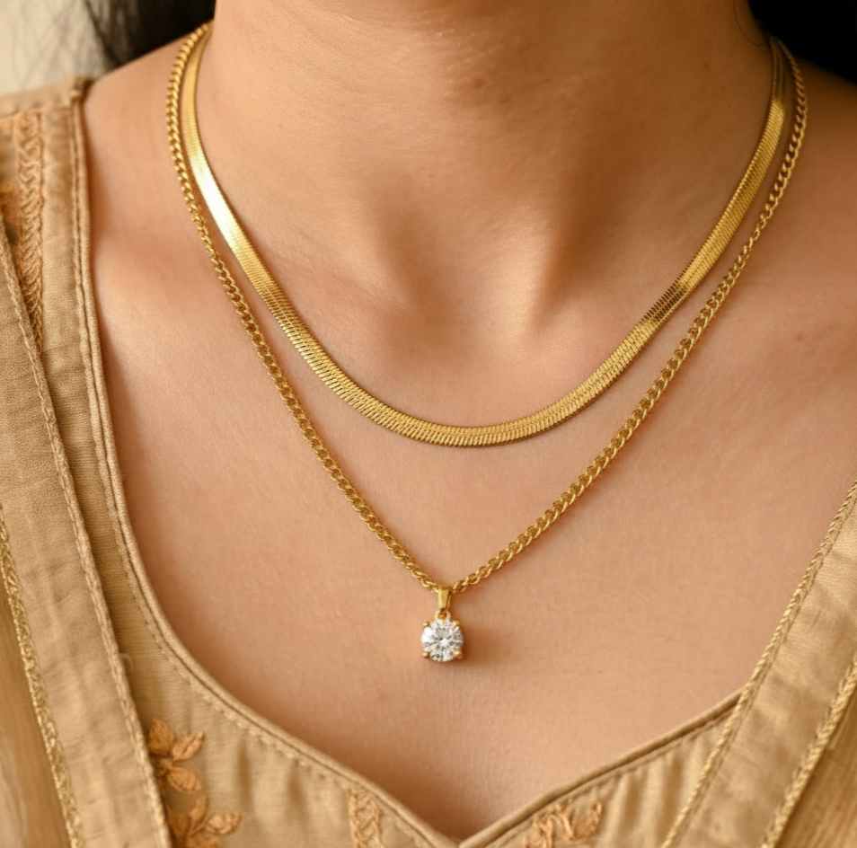 18K Gold Layered Snake Chain Zircon Pendant Necklace for Women