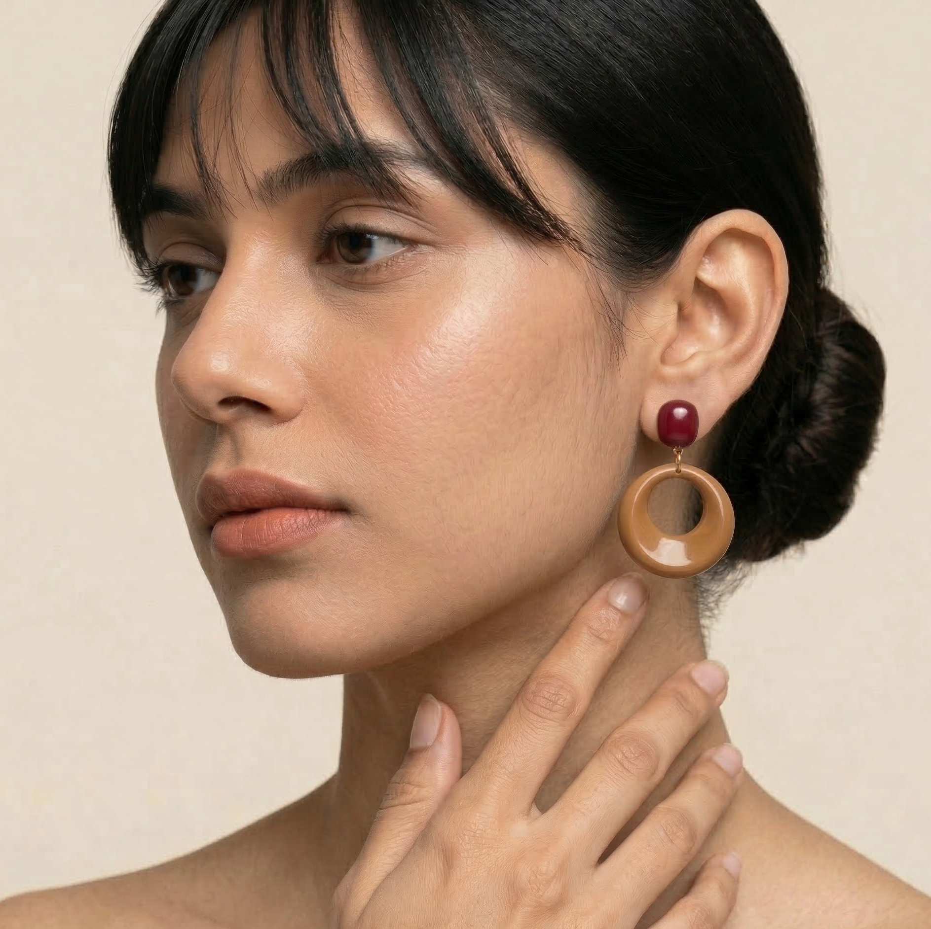 Burgundy and Caramel Resin Oval Drop Earrings Gold Tone Studs