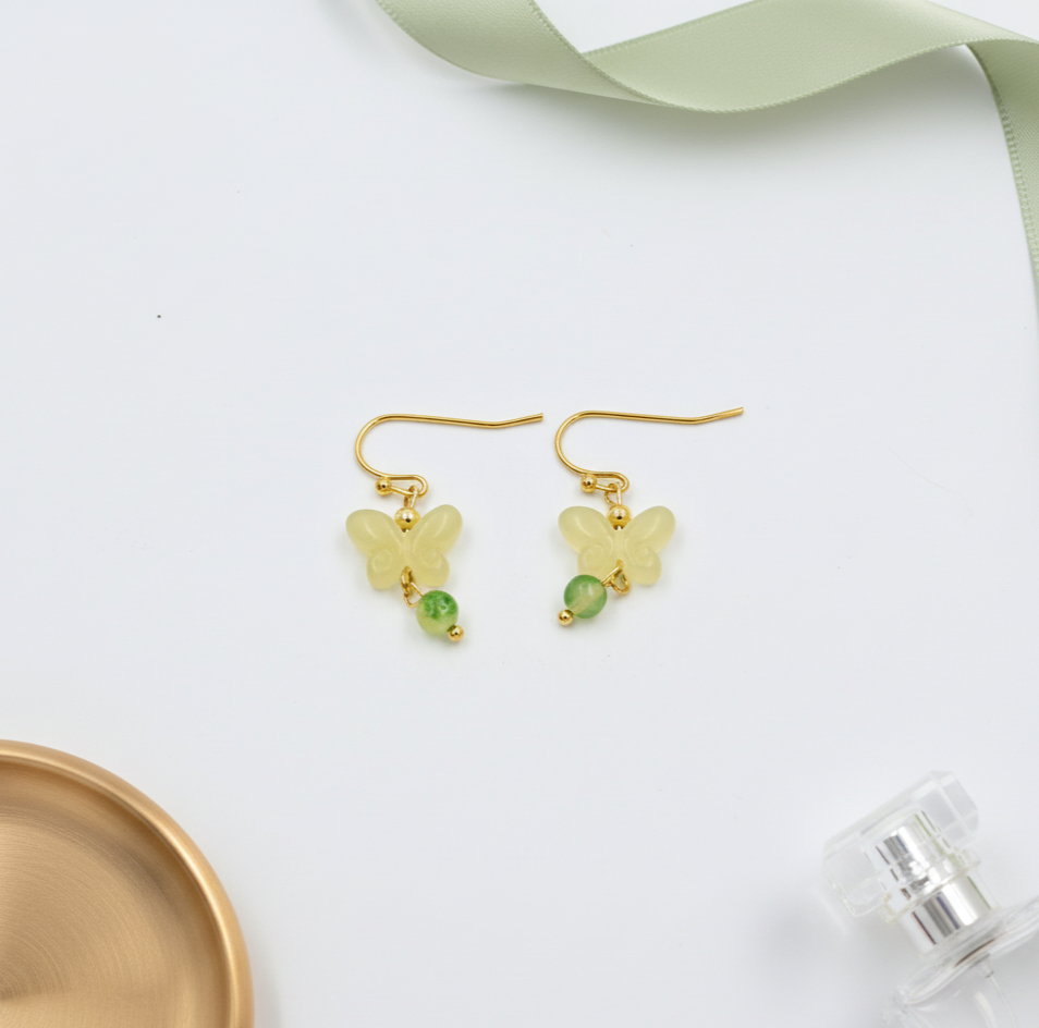 Butterfly Bead Drop Earrings for Women in Jade Green and Gold Tone
