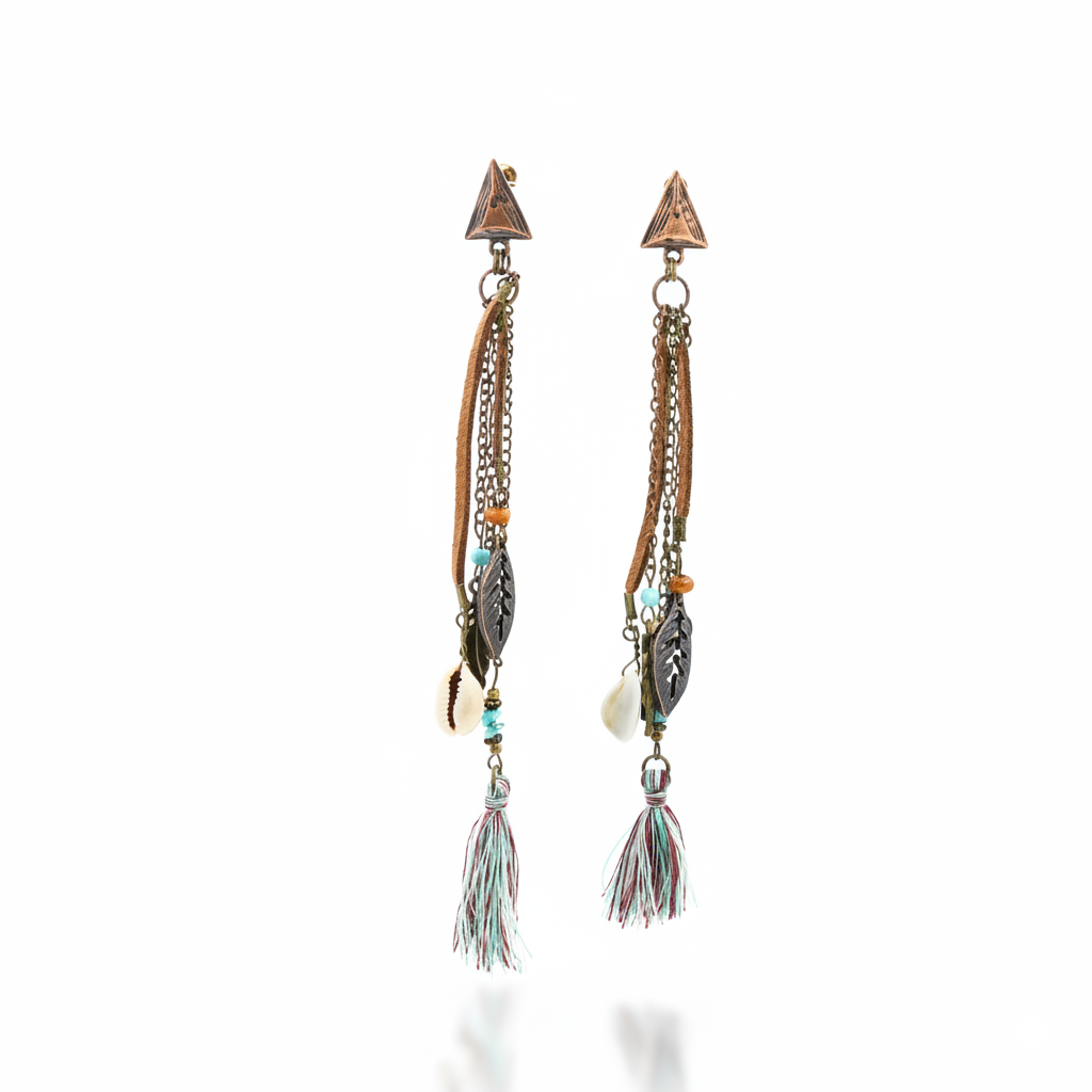 Bohemian Shell and Tassel Drop Earrings Antique Bronze Tone