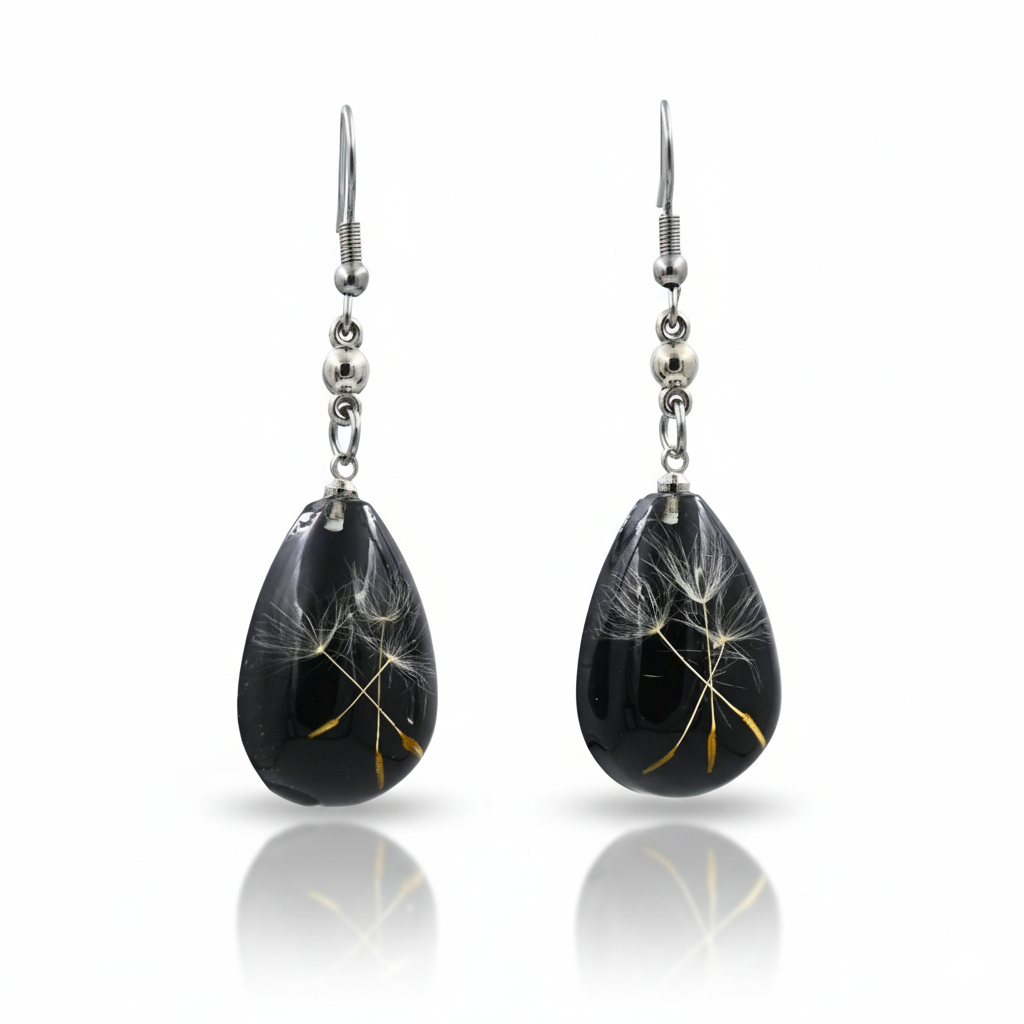 Midnight Black Dandelion Resin Teardrop Earrings Stainless Steel Hooks