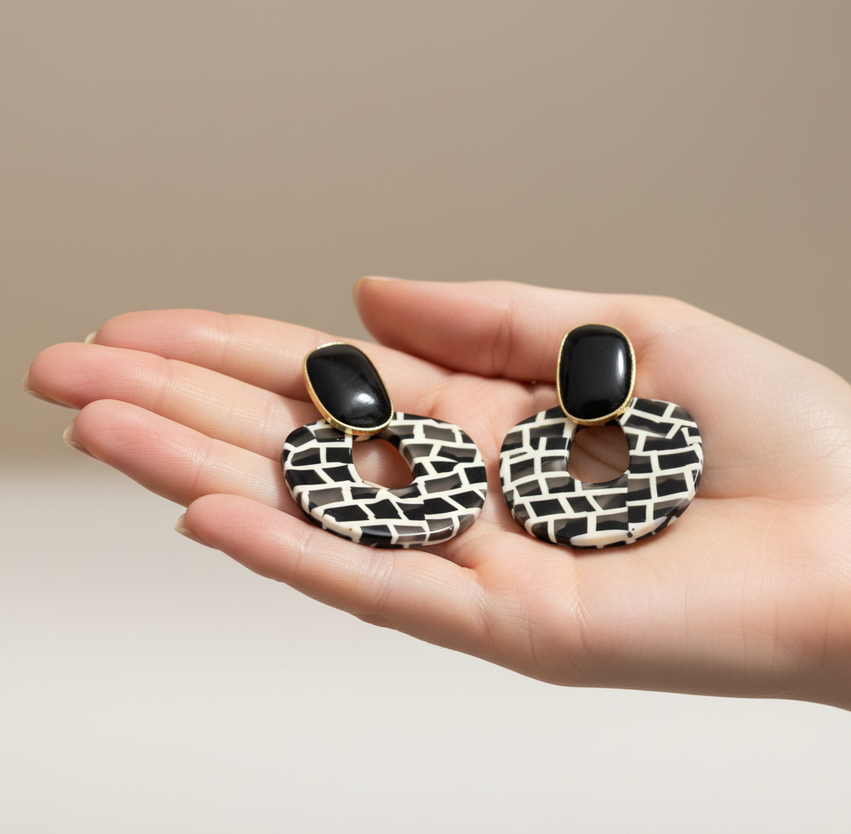 Black and Cream Acrylic Statement Drop Earrings Gold Tone Studs