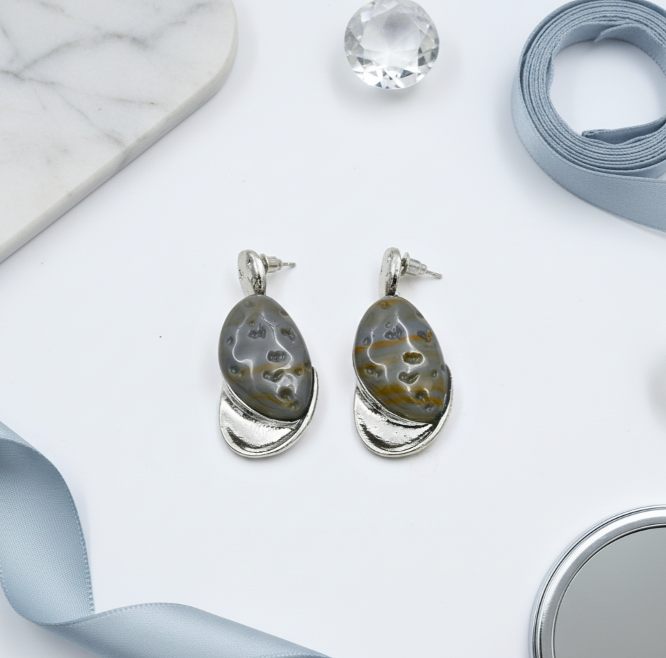 Grey Resin Drop Earrings for Women with Silver Tone Detail