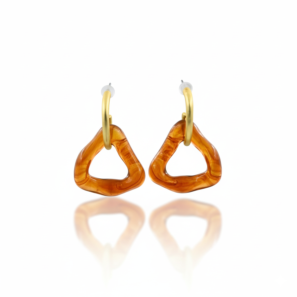 Amber Triangle Resin Hoop Earrings Gold Tone Stainless Steel