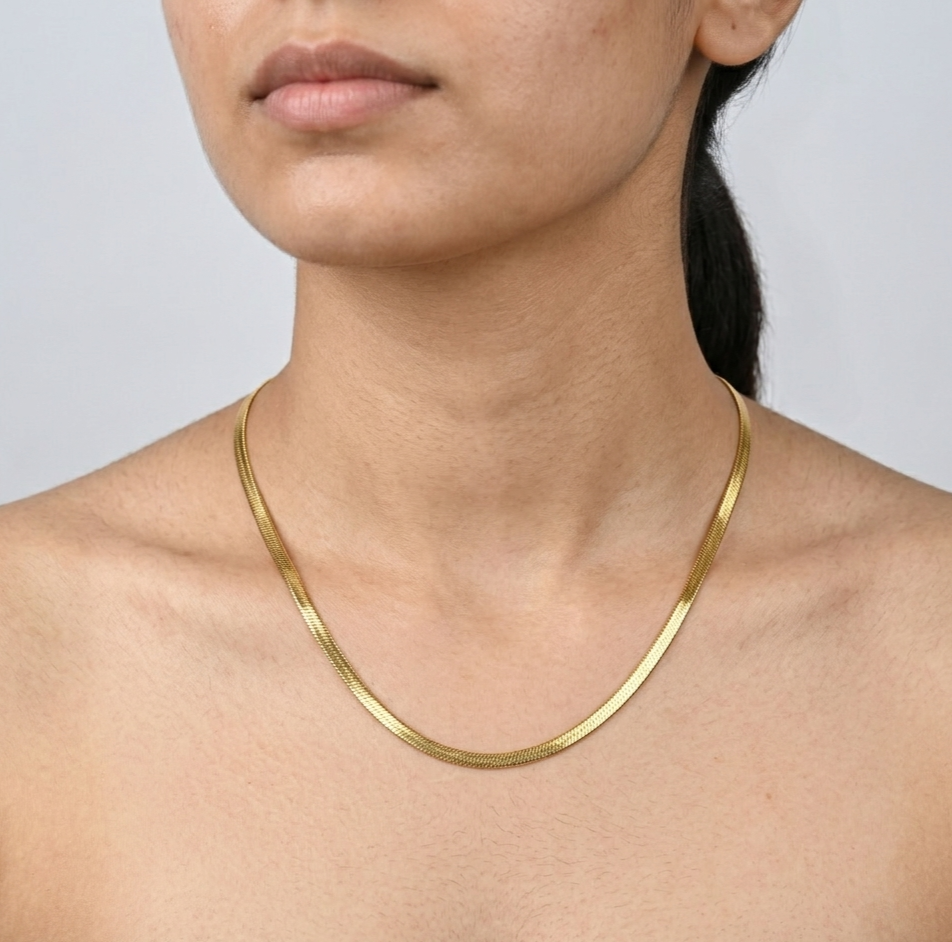 18K Gold Flat Snake Chain Necklace for Women – Minimalist Stainless Steel Choker