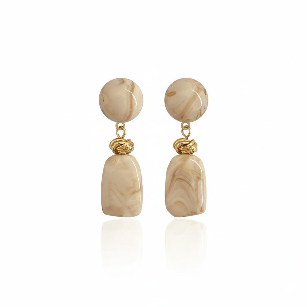 Cream Marble Resin Drop Earrings Gold Tone Knot Detail