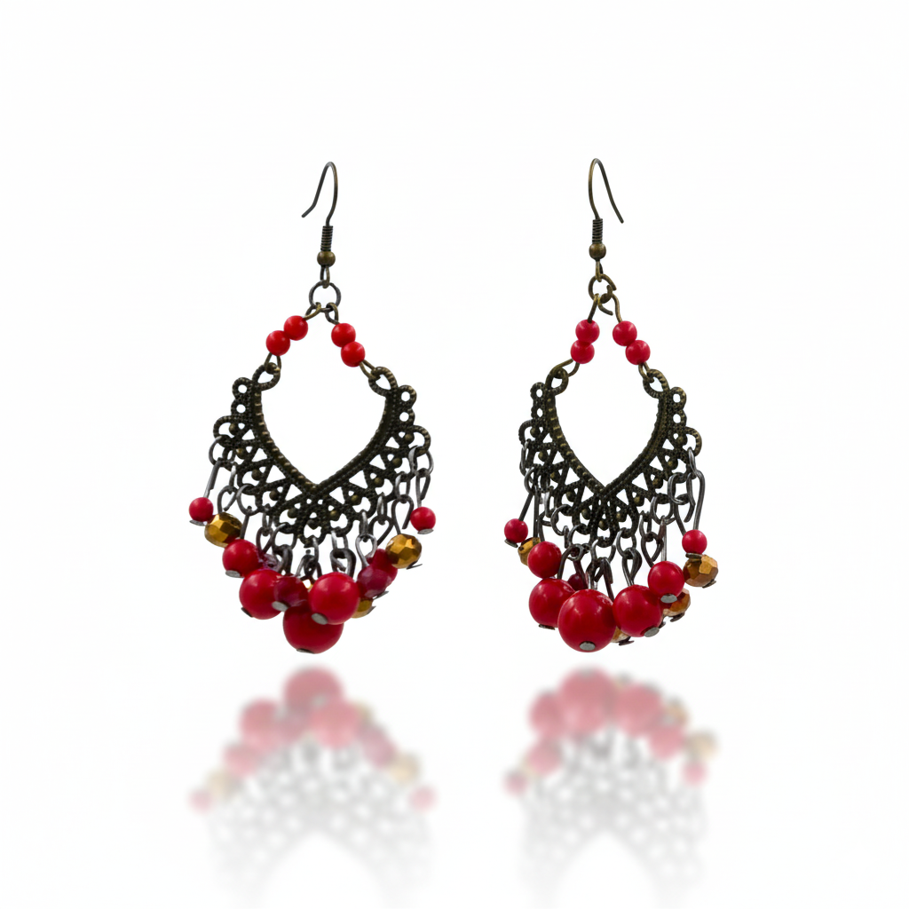 Vintage Red Beaded Statement Earrings Antique Gold Tone