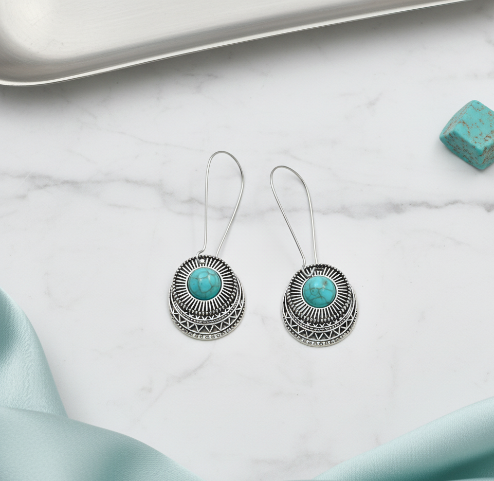 Retro Turquoise Round Drop Earrings Silver Tone Alloy