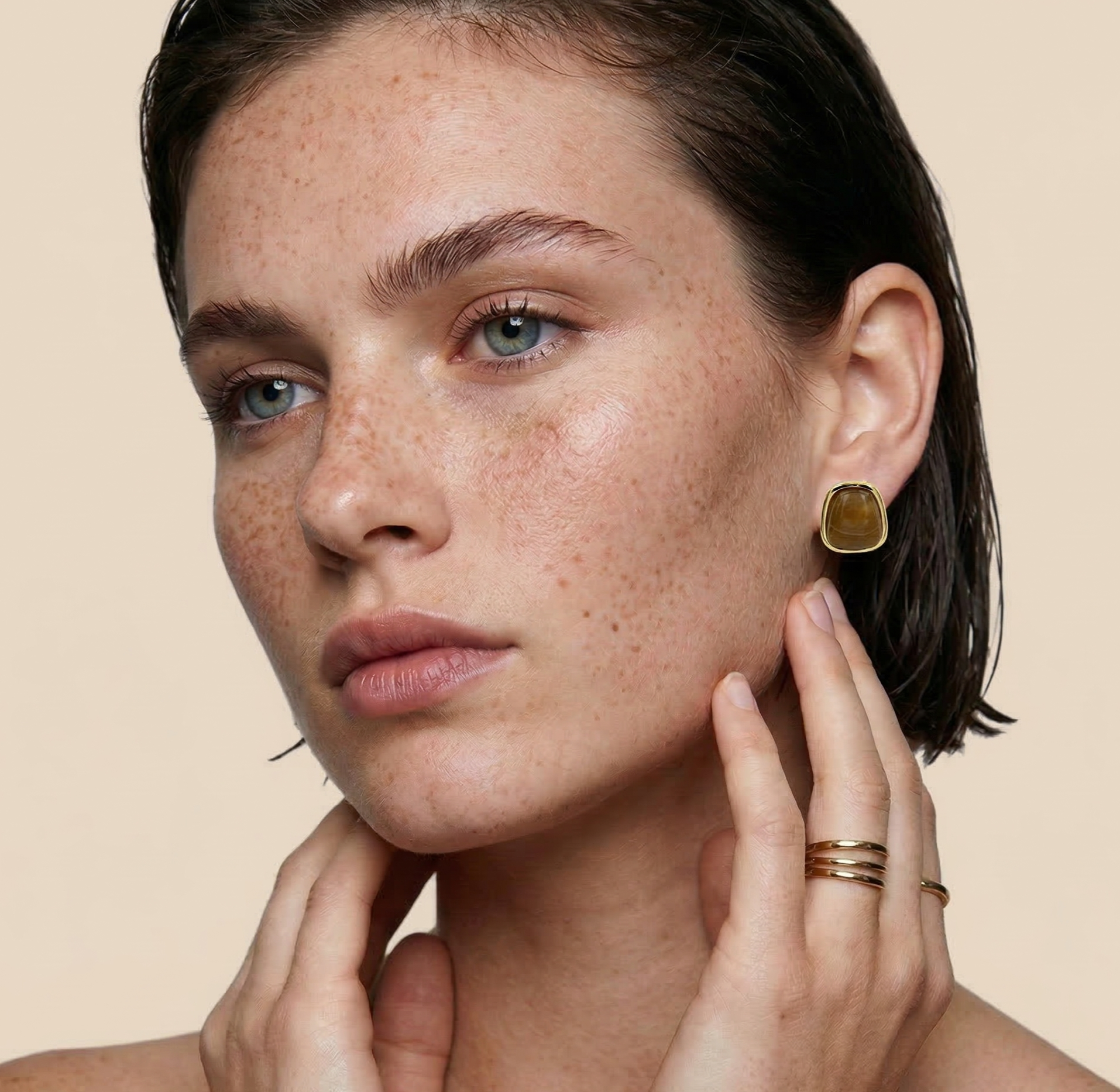Coffee Brown Resin Square Stud Earrings with Gold Tone Frame